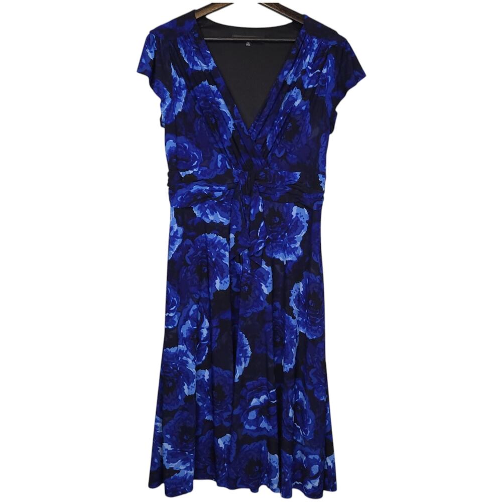 Jones Wear Dress Womens Midi Dress Sz 12 Blue & Black Floral Babydoll Flowy Chic
